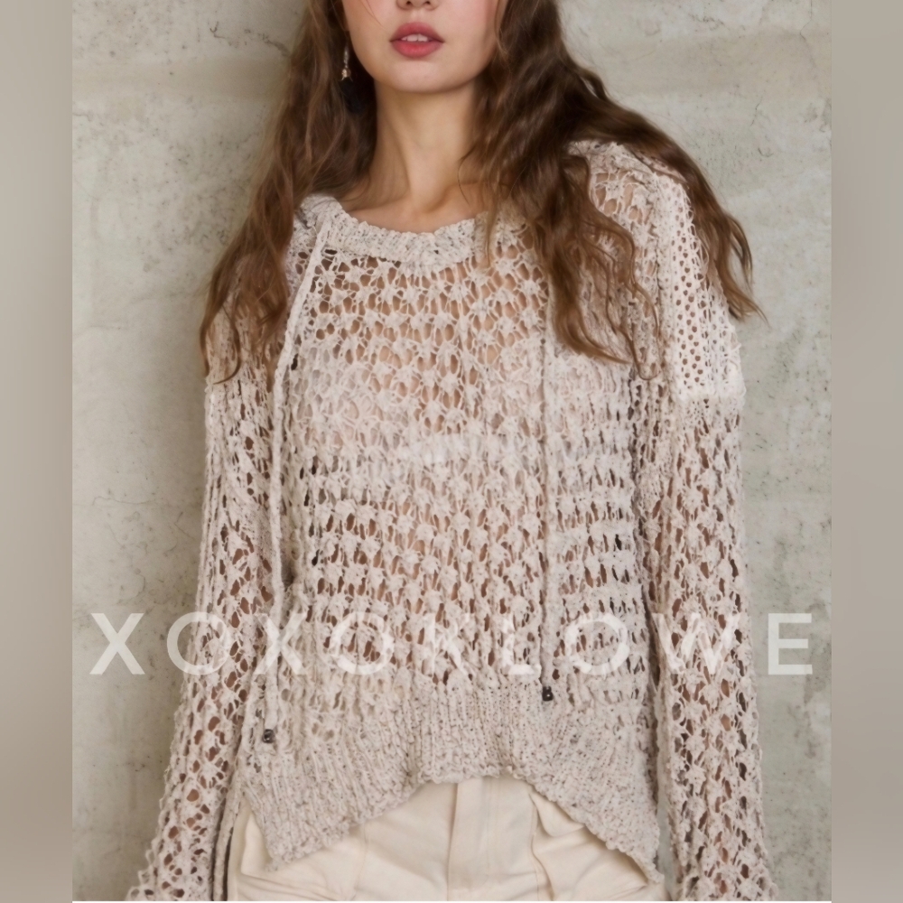 POL Long Sleeve Cream Color Crochet Knit Sweater With Hoodie